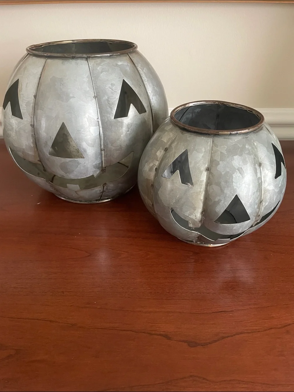 Set of 2 Pottery Barn Galvanized Jack-o-Lanterns (Large & Small) - Retired Set